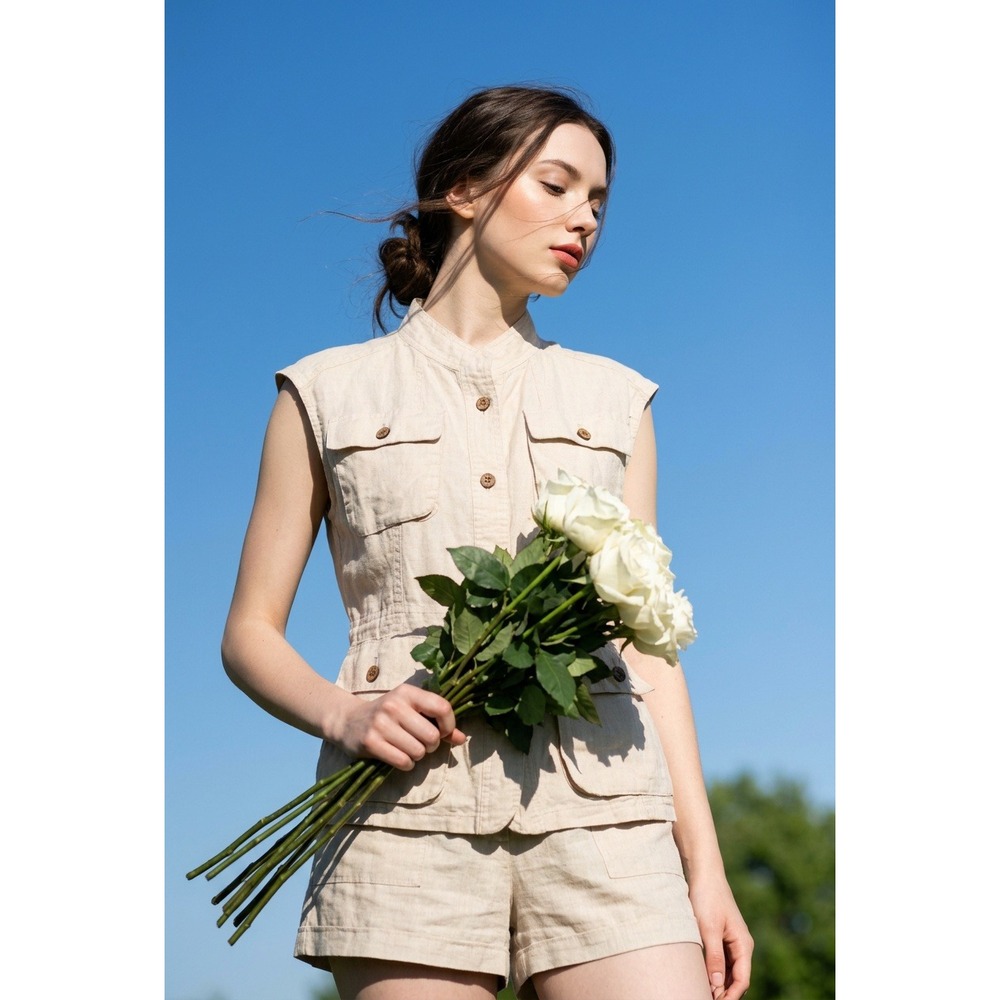Womens 100% Linen Sleeveless Safari Vest Beige Utility Button‎ Front XL Coastal